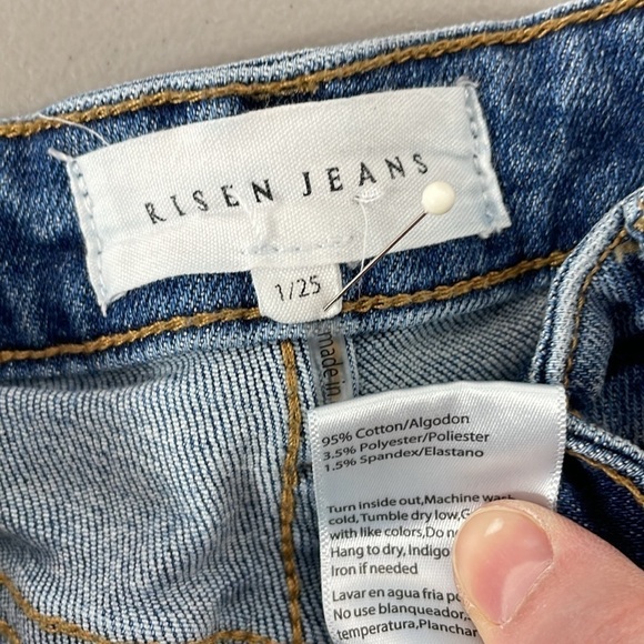 Risen Jeans Women's Juniors 1 / 25 Blue Crossover Distressed Denim Straight Leg - Picture 10 of 13